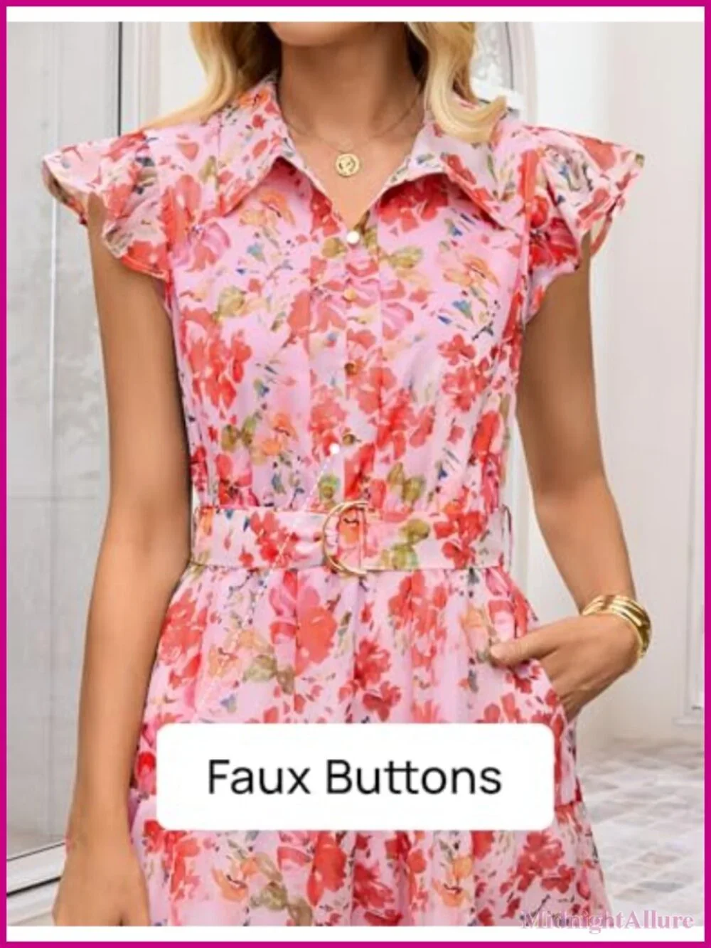 Floral Midi Dress Flutter Short Sleeve Button Down Chiffon Wedding Guest